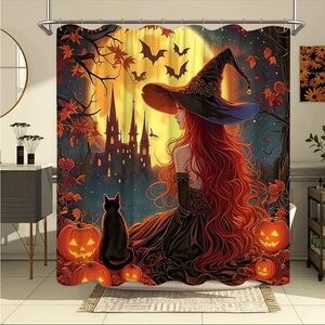 Beautiful Long Hair Witch Pumpkin Bat Ancient Castle Autumn Scene Shower Curtain